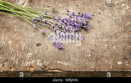 Piccolo bouquet di taglio fresco Lavanda fiori sulla vecchia superficie ruvida naturale superficie di legno. Messa a fuoco selettiva. Saluto orizzontale scheda in background Foto Stock