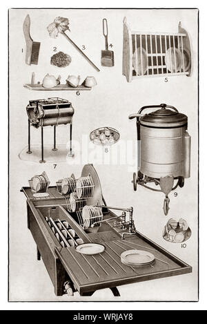 Le ultime kichenware visualizzato all'inizio degli anni trenta in Mrs Beeton 'Tutto su Cookery' edizione 1930. Gli articoli disponibili, tutte le stoviglie rondelle, includono 1. Il filo pentola spazzola; 2. Pan scourer: 3. Piatto mop; 4. Cesto di sapone; 5. rastrelliera; 6. Cup rack; 7. azionato a mano la rondella di stoviglie; 9. Azionato elettricamente e rondella di stoviglie e di interni - 8 & 10; 11. controllato elettricamente il flusso di acqua stoviglie rondella. Foto Stock