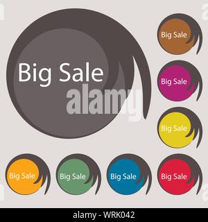 Grande vendita icona segno. Offerta speciale simbolo. Simboli su otto pulsanti colorati. Vettore Illustrazione Vettoriale