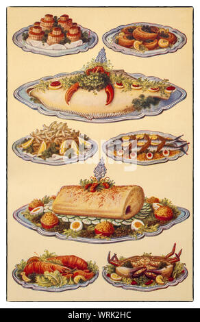 Ultime tecniche di cucina e di preparazione dei cibi a partire dall'inizio degli anni trenta in Mrs Beeton 'Tutto su Cookery' edizione 1930. Piatti di pesce: 1. Patties di ostriche; 2. Fried merlano; 3. Bollito di rombo chiodato; 4. Frittura di bianchetti; 5. Sgombro; 6. La maionese di salmone; 7. Astice; 8. Granchio. Foto Stock