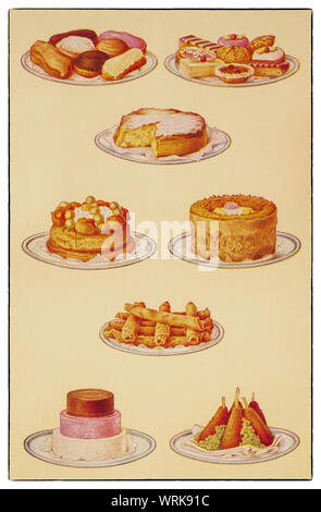 Ultime tecniche di cucina e di preparazione dei cibi a partire dall'inizio degli anni trenta in Mrs Beeton 'Tutto su Cookery' edizione 1930. Dolci e Torte: 1. Eclairs: 2. Pasticceria assortita; 3. Spugna Savoy Torte; 4. Gateau san honore; 5. Simnel Cake; 6. Frittelle; 7. Crema piramide; 8. Crocchette di riso. Foto Stock