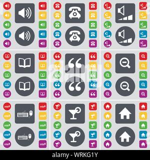 Audio, telefono retrò, Volume, Prenota, virgolette, lente di ingrandimento, tastiera, cocktail, Casa icona simbolo. Un grande insieme di Piana, pulsanti colorati per il vostro design. Vettore Illustrazione Vettoriale