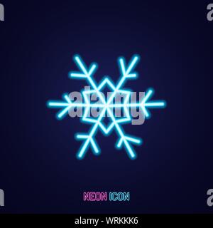 Il simbolo del fiocco di neve semplice neon luminoso contorno icona colorata su sfondo blu Illustrazione Vettoriale