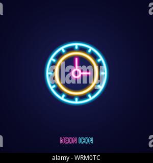 Orologio di tempo semplice neon luminoso contorno icona colorata su sfondo blu Illustrazione Vettoriale