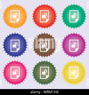 File icona di sblocco segno. Un insieme di nove diverse etichette colorate. Vettore Illustrazione Vettoriale