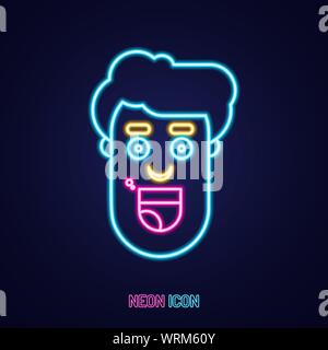 Funny Face avatar semplice neon luminoso contorno icona colorata su sfondo blu Illustrazione Vettoriale