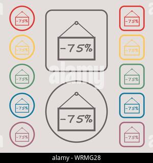 75 icona sconto segno. Simboli sul Round e i pulsanti quadrati con il telaio. Vettore Illustrazione Vettoriale