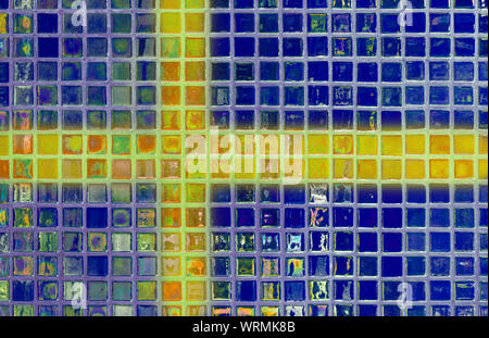 Parete in piastrelle fatte da piastrelle traslucido in cui i colori si formano la bandiera della Svezia Foto Stock