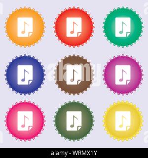 Audio, MP3 file icona segno. Un insieme di nove diverse etichette colorate. Vettore Illustrazione Vettoriale