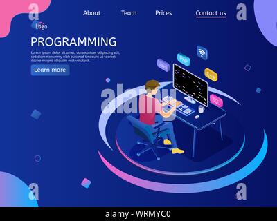 Il programmatore di carattere isometrico. Concetto di programmazione web, ingegnere al lavoro. Illustrazione Vettoriale