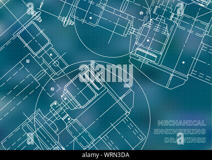 Blueprint. Meccanica. Coperchio. Ingegneria meccanica disegno. Progettazione ingegneristica. Blu. Punti Illustrazione Vettoriale