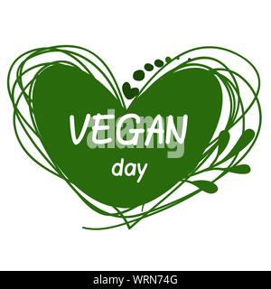 Giornata internazionale per i vegetariani. Nov. 1. Vegan giorno. Adesivo. Un cuore. Sfondo bianco Illustrazione Vettoriale