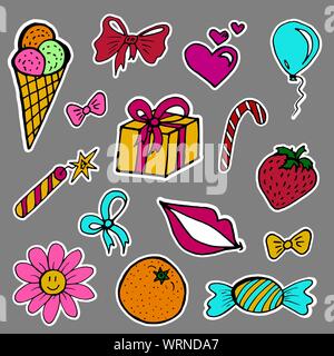 Un set di moda Etichette, scudetti. Ice Cream, fiore, candy, nastri, palloncini. Ogni oggetto su un livello separato. Adesivi, perni, patch, cartoon e c Illustrazione Vettoriale