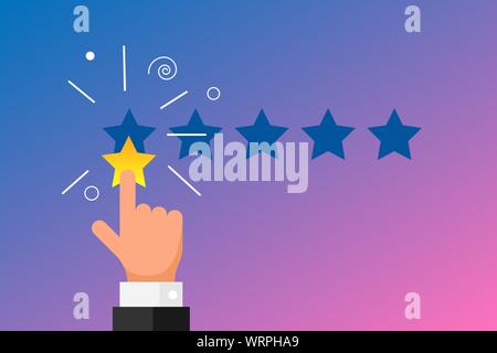 Feedback online reputazione cattiva qualità revisione cliente concetto flat stile. Mano uomo d'affari che punta 1 una stella d'oro su sfondo gradiente. Immagine del voto di classifica negativo del vettore Illustrazione Vettoriale