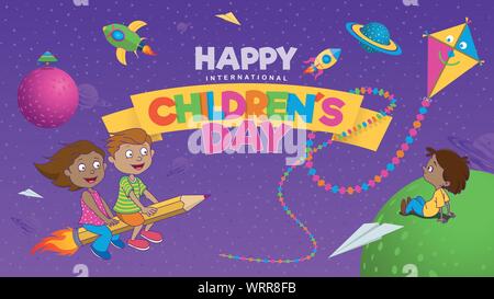 Felice International bambini Giorno del biglietto di auguri. Lettere colorate su un nastro giallo con un ragazzo seduto su un pianeta verde volare un aquilone e bambini Illustrazione Vettoriale