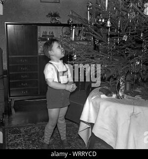 Europa, Deutschland, Amburgo, Weihnachten 1957, kleiner Junge steht am Heiligen Abend staunend vor dem Weihnachtsbaum . / Europa, Germania, Amburgo, tempo di Natale 1957, Little Boy sorge in segno di stupore per la Vigilia di Natale nella parte anteriore dell'albero di Natale . Foto Stock