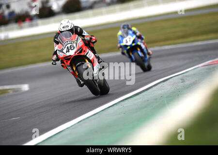 Ducati 1299FE rider Mike Jones e Suzuki Ecstar Racing Wayne Maxwell. Round 5 Gara 2 del l'Australiano Superbike Winton canalina Victoria Foto Stock