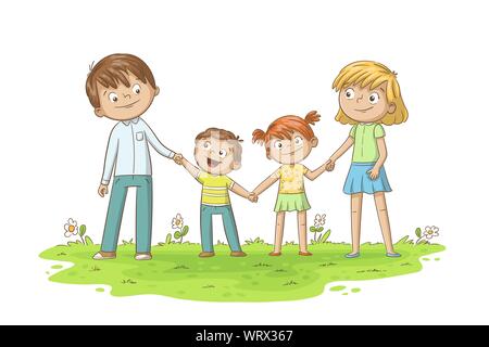 Giovane famiglia felice con due bambini che si divertono. Disegnare a mano illustrazione vettoriale con strati separati. Illustrazione Vettoriale