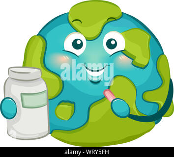 Illustrazione di una grande massa di grasso mascotte tenendo un flacone di farmaco Foto Stock