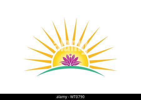 Impianto di Lotus in sunrise logo immagine vettoriale. lotus persona, concetto di purezza Illustrazione Vettoriale