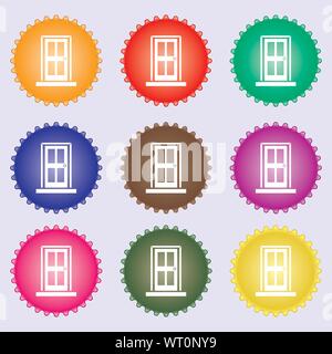 Icona porta segno. Un insieme di nove diverse etichette colorate. Vettore Illustrazione Vettoriale