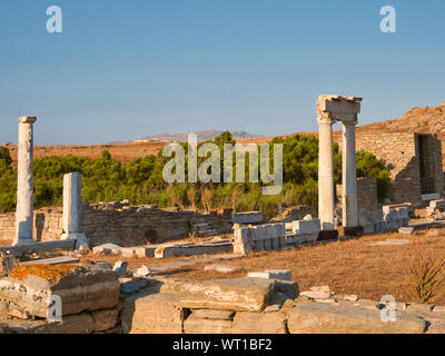Abbandonate le rovine in pietra di antica costruzione con colonne di erba secca e verdi alberi su Delos Grecia contro il cielo blu sullo sfondo Foto Stock