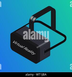 Isometrica, 3D virtuale gli occhiali. La realtà virtuale concetto isolato su blu e verde di gradiente dello sfondo per banner e sito web. Moderno design piatto. Illustrazione Vettoriale