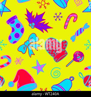 Motivo di Natale seamless pattern. Zine cultura scarabocchio. Il neon luminoso schema colore. Illustrazione Vettoriale sfondo. Per la stampa tessile, web, casa deco Illustrazione Vettoriale