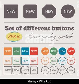 Nuovo segno icona. arrivo simbolo del pulsante. Grande set di colorati, diversificato e di alta qualità dei pulsanti. Vettore Illustrazione Vettoriale