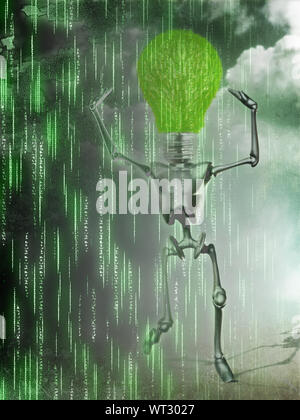 Matrice astratta sfondo verde con codice di streaming e umanoide. Foto Stock