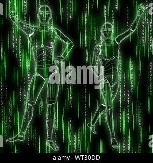 Matrice astratta sfondo verde con codice di streaming e umanoide. Foto Stock