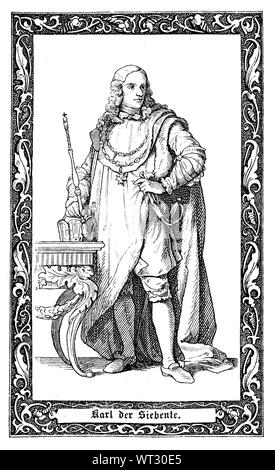 Carlo VII., 1697-1745, il Principe Elettore di Baviera dal 1726 e Sacro Romano Imperatore dal 24 gennaio 1742 fino alla sua morte nel 1745. Karl Albrecht von Bayern, ab 1742 als Karl VII. Kaiser des Heiligen Römischen Reiches, digitale migliorata la riproduzione di un'illustrazione del XIX secolo Foto Stock