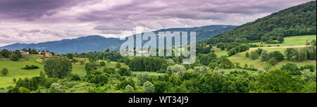 Panorama del paesaggio di montagna, alberi, foreste sulle pendici delle colline e delle case coloniche con un cielo nuvoloso in background.Alta Savoia in Fran Foto Stock