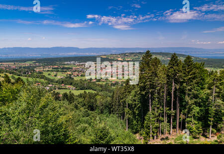 Panorama della città nelle montagne, colline, campi, foreste e prati verdi, laghi in lontananza e il cielo blu con nuvole.Town Bons-en-Chablais in Francia. Foto Stock