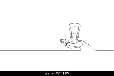 Singola linea continua arte anatomica dente umano silhouette. Medicina sani di recupero radice molare cavità concept design mondo salute orale giorno uno Illustrazione Vettoriale