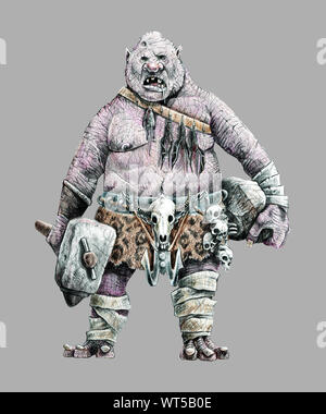 Troll Giganti con un martello. Disegno di fantasia. Cannibal a caccia. Foto Stock