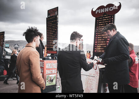 La folla si riuniranno presso il famoso festival di Cheltenham. Nel Regno Unito il premier nazionale gara di suoneria incontro e una mecca per un esercito di viaggio tifosi irlandesi Foto Stock