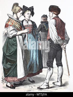 Il costume nazionale, vestiti, la storia dei costumi, le donne da Schlettstadt, Brumath con il castello bianco e la parte superiore del lago brook, costumi nazionali dall'Alsazia, Francia, nel 1885, Volkstracht, Kleidung, Geschichte der Kostüme, Frauen aus Schlettstadt, Brumath bei Weißenburg und Oberseebach, Trachten aus dem Elsaß, Frankreich, 1885 Foto Stock