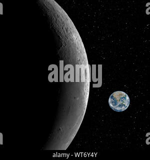 Primo piano della luna e il piccolo pianeta terra contro il cielo stellato sfondo, elementi di questa immagine fornita dalla NASA Foto Stock