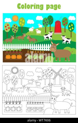 Gli animali della fattoria e il giardino in stile cartone animato, colorazione pagina, educazione gioco della carta per lo sviluppo dei bambini, i bambini in età prescolare attività, stampabile Illustrazione Vettoriale