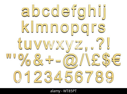 Le lettere, i numeri e i simboli dell'alfabeto in oro spazzolato, custodia inferiore Foto Stock