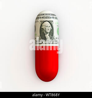Pillola capsula con una banconota da un dollaro statunitense inclusa, costo di assistenza sanitaria, costo della medicina, bollette mediche, concetto Foto Stock