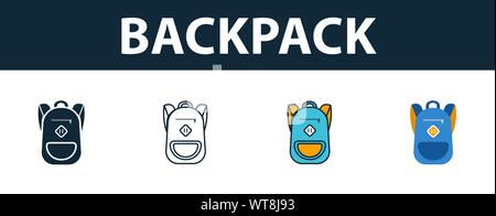 Zaino icon set. Quattro elementi in diversi stili dalla scuola raccolta di icone. Creative icone zaino riempito, del contorno colorato e simboli di Piana Illustrazione Vettoriale