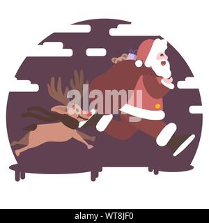 Babbo Natale e Rudolph il naso rosso raindeer in esecuzione Illustrazione Vettoriale