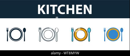 Cucina serie di icone. Quattro elementi in diversi stili dal real estate raccolta di icone. Cucina creativa icone riempito, del contorno colorato e simboli di Piana Illustrazione Vettoriale