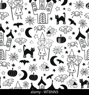 Kids Halloween disegno vettoriale. Seamless sfondo monocromatico con disegnati a mano strega, spooky castle, gatti, ragni, bat. Carino halloween illustrazione Illustrazione Vettoriale