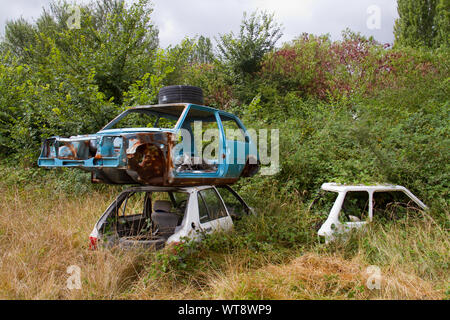 Vecchie e arrugginite e demolito le vetture oggetto di dumping nella natura Foto Stock