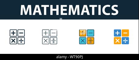 Matematica icon set. Quattro elementi in diversi stili dalla scuola raccolta di icone. Matematica creativa icone riempito, contorno, colorata e piatto Illustrazione Vettoriale