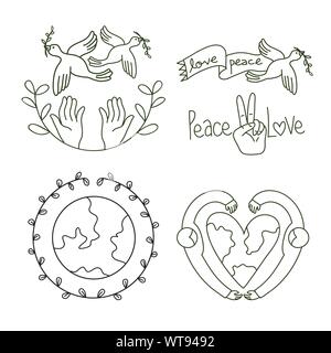 Pace e Amore giorno logo con uccelli e il cuore della terra Illustrazione Vettoriale