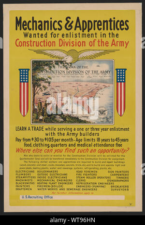 Meccanica e gli apprendisti voluto per l'arruolamento nella divisione Costruzioni dell'Esercito USA Esercito il reclutamento di poster che mostra una mappa degli Stati Uniti dal titolo Il lavoro della divisione Costruzioni dell'esercito che individua le località come Guardia Nazionale Camps, Signal Corps Camps, serbatoio Corps, impianto di nitrato, guerra chimica campi, campi di artiglieria inesplosi, gli arsenali, e altri; inoltre elenca un numero di impieghi disponibili per i soldati arruolati. Foto Stock